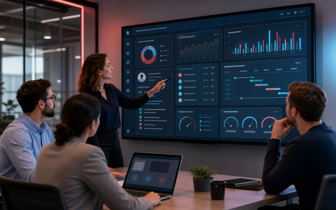 Une équipe consulte des tableaux de bord CRM et statistiques sur un grand écran.